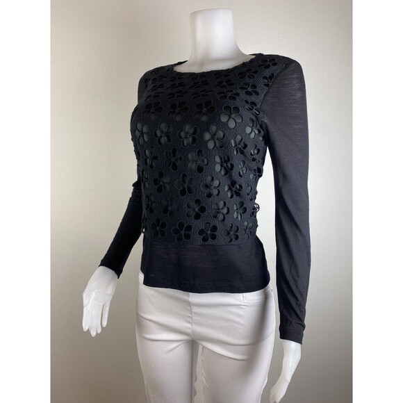 F. Whyci Milano Wool Top Size M Silk Black Blouse Crew Neck Long Sleeves - Picture 4 of 9